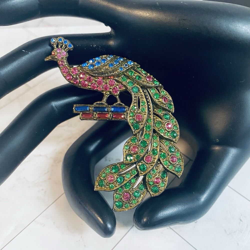 Vintage Art Deco Cast Pot Metal Colorful Rhinestone Peacock Pin Brooch